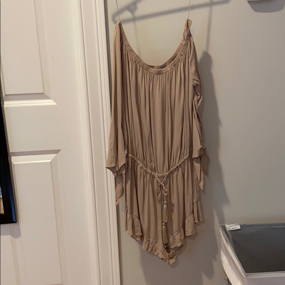 Beige/khaki off the shoulder tied romper